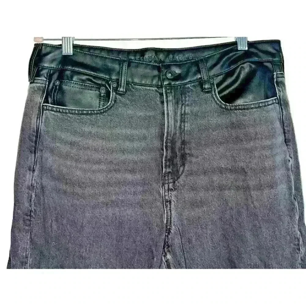 American Eagle Sz 14 Jeans Straight Leg‎ Faux Leather Trim Stretch